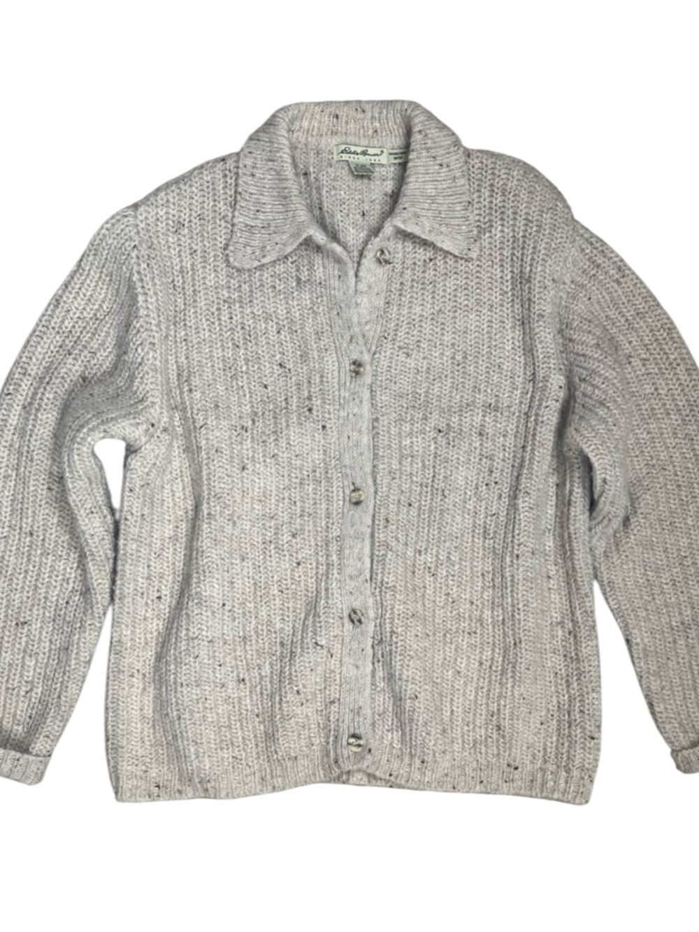 Vintage Eddie Bauer Wool Cardigan Sweater Womens Medium Oatmeal Boxy Polo Collar